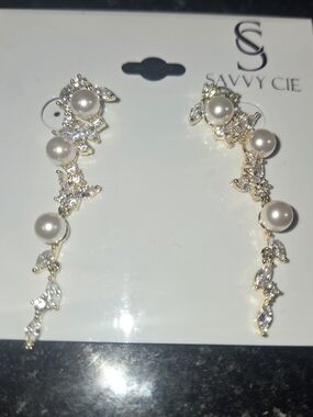 Savvy Cie Gold Pearl and Crystal Drop Earrings — White Pearls
